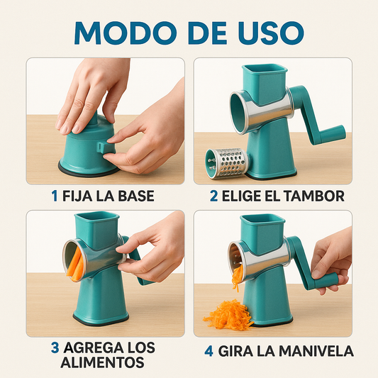 Rallador Giratorio 3 en 1 – Corta y Ralla en Segundos – Ahorra Tiempo Cada Día