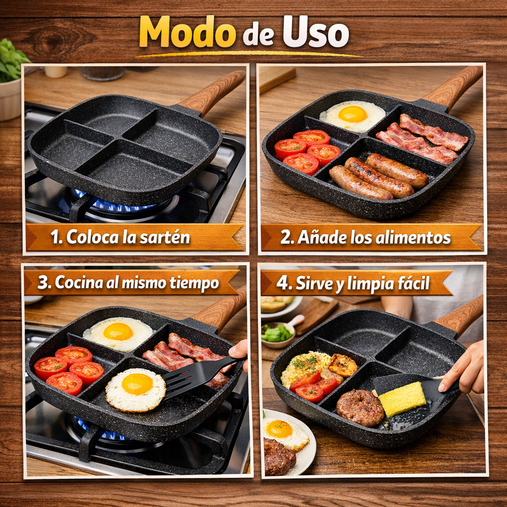 Sartén Antiadherente 4 Espacios – Todo en Uno – Ahorra tiempo en cada comida