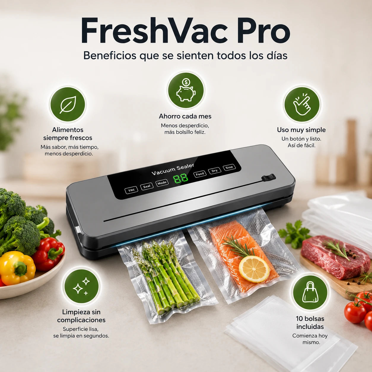 FreshVac Pro - Selladora al Vacío + 10 Bolsas Incluidas