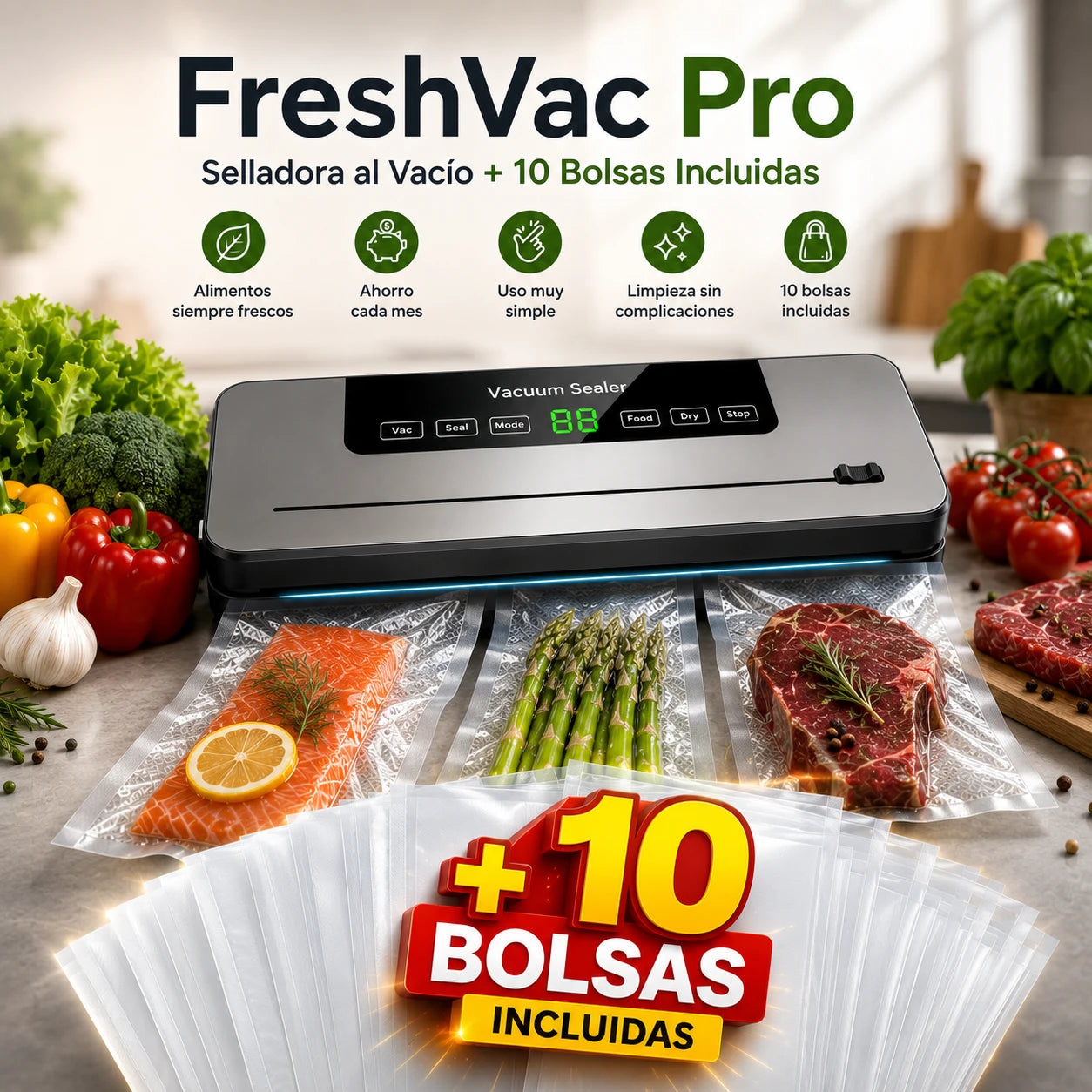 FreshVac Pro - Selladora al Vacío + 10 Bolsas Incluidas