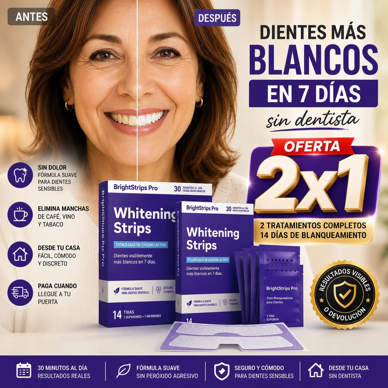 BrightStrips Pro — Lleva 2 Cajas al Precio de 1 y Luce una Sonrisa Brillante en 7 Días