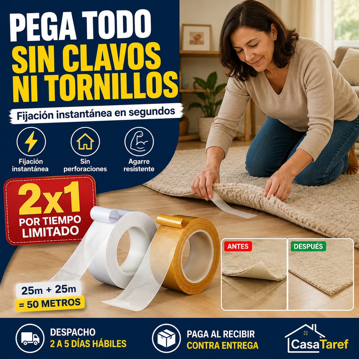GripMax Pro 2x1 — Pega Todo Sin Clavos Ni Tornillos: 50 Metros Incluidos