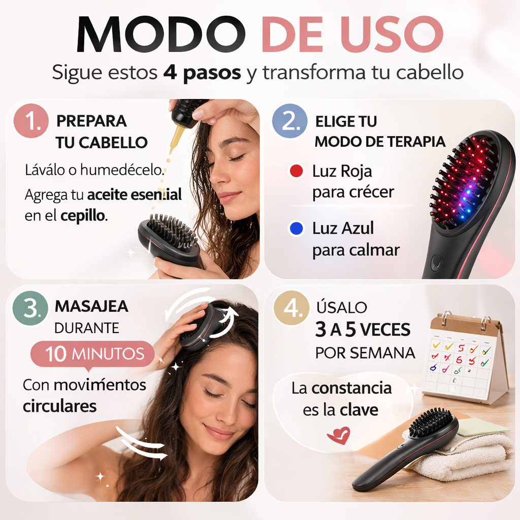 Cepillo Masajeador Capilar – Vibración y Luz Terapéutica – Menos Caída y Más Relajación en 21 Días
