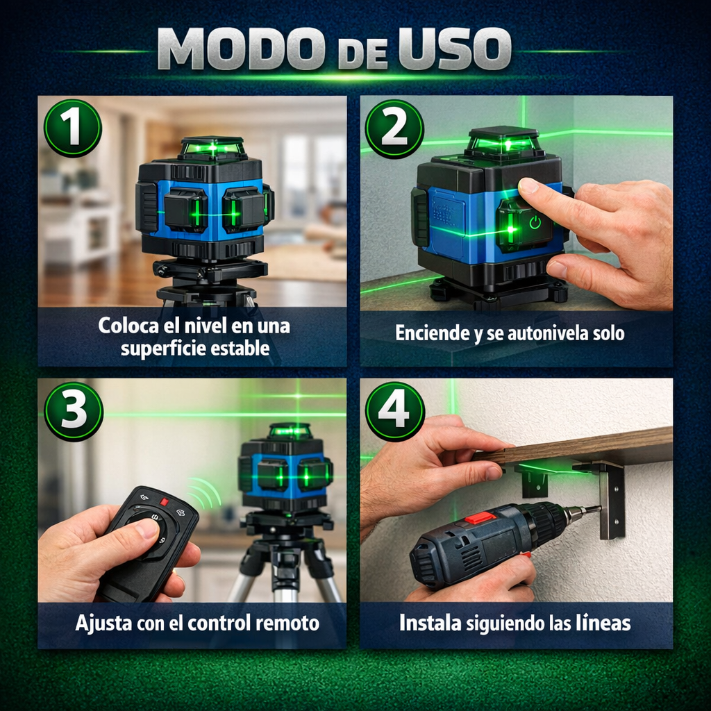 Nivel Láser Verde 16 Líneas – Precisión 360° – Resultados Parejos al Instante