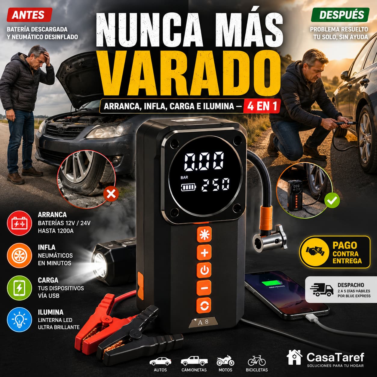 PowerStart 4en1 — Arranca, Infla, Carga e Ilumina desde tu Maletero