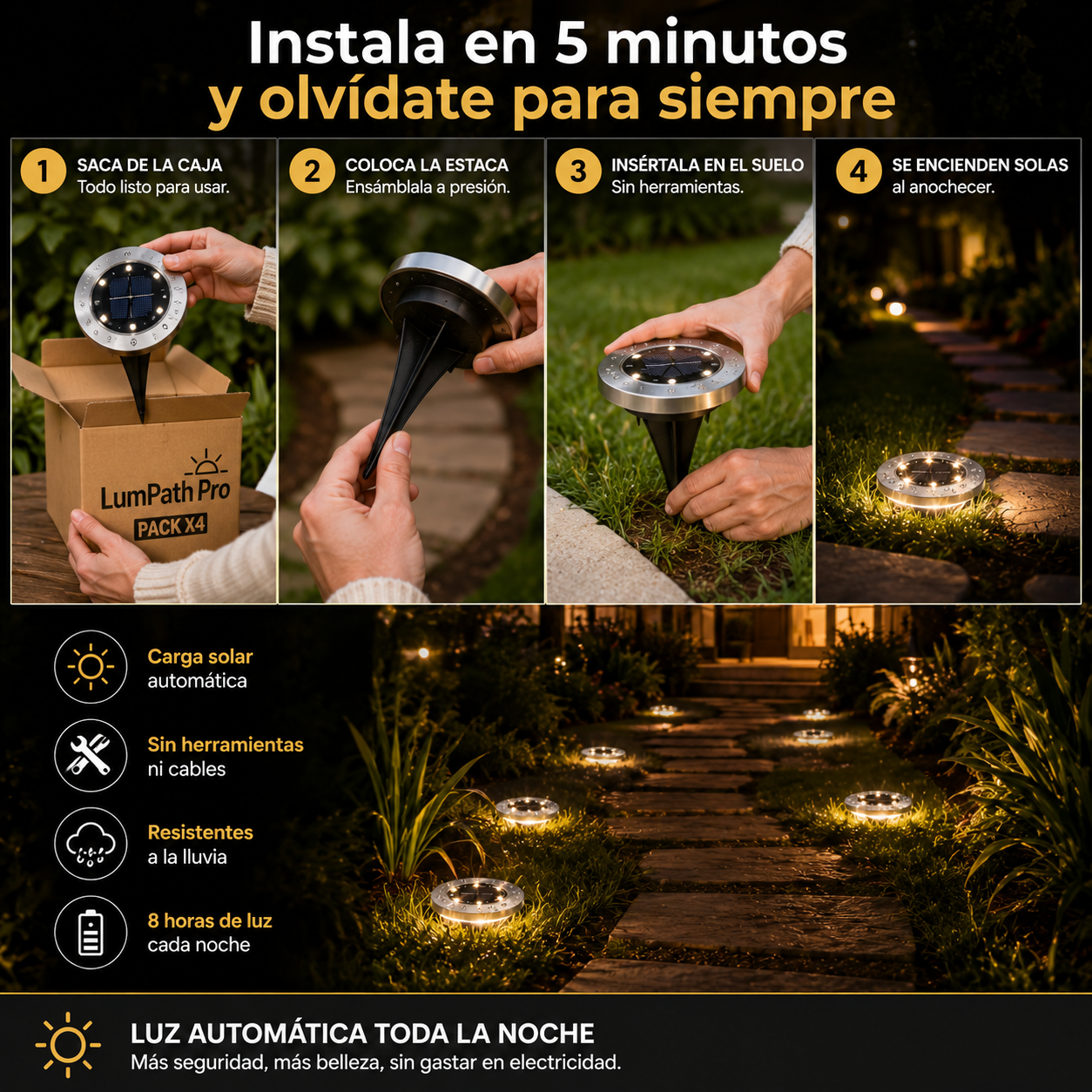 LumPath Pro 4x1 - Ilumina tu jardín sin cables ni electricidad