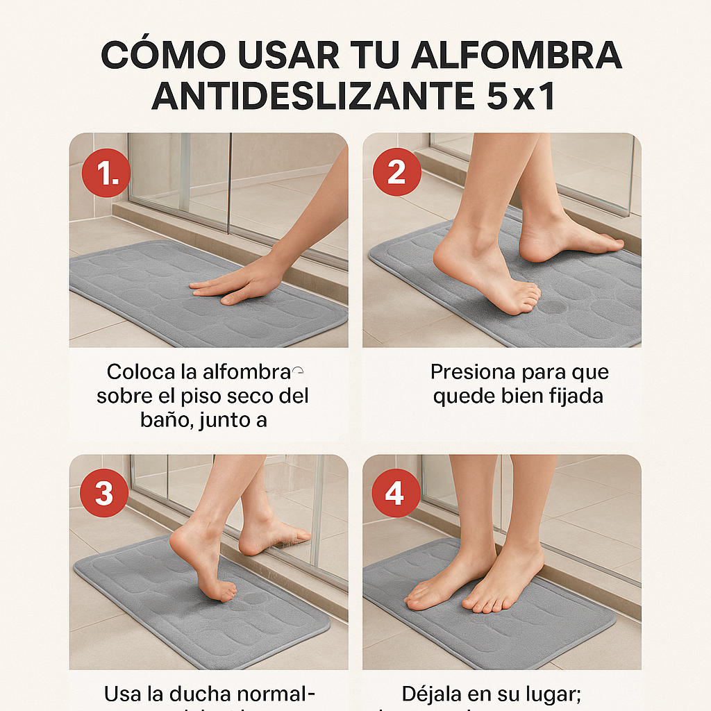 Alfombra Antideslizante 5×1 – Evita Resbalones – Mantén tu Baño Seco y Seguro en 3 Segundos