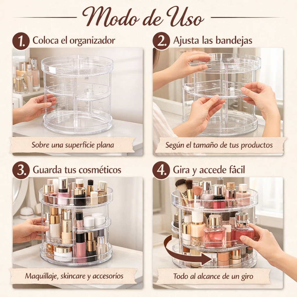 Organizador de Maquillaje Giratorio – Orden 360° – Todo Visible en Minutos