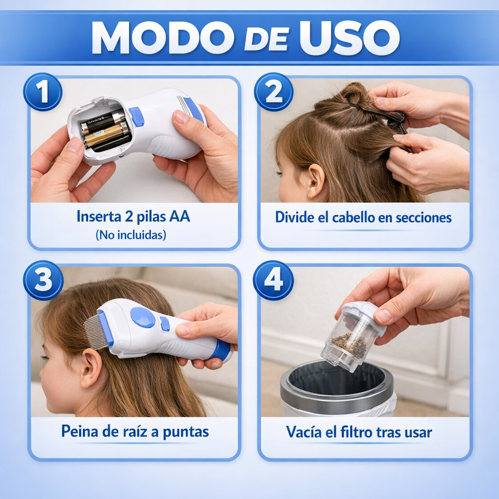 Peine Eléctrico Aspirador - Elimina Piojos y Huevos - Protección Visible en la Primera Semana
