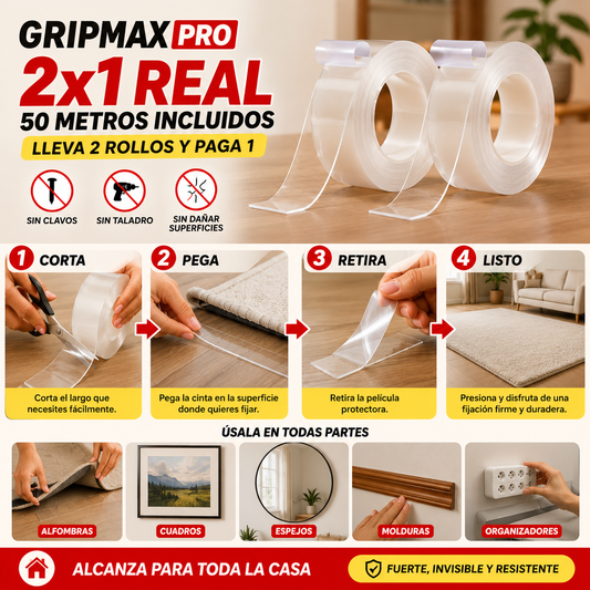 GripMax Pro — Pega Todo Sin Clavos Ni Tornillos: 50 Metros Incluidos