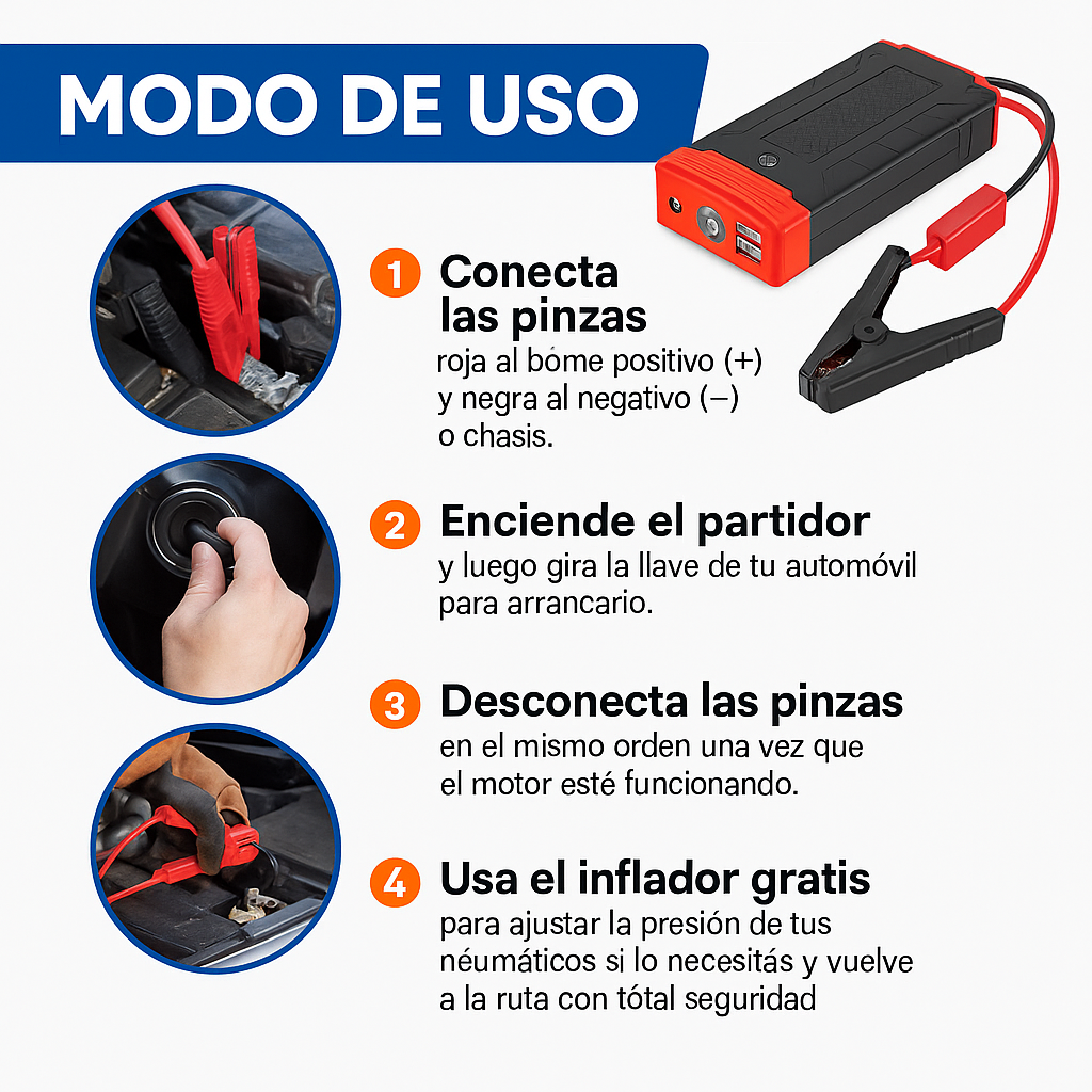 Partidor de Batería 12V – Arranque Instantáneo – Recupera tu Auto en 30 Segundos + Inflador Gratis