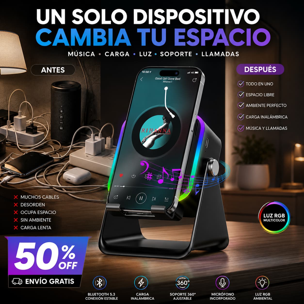 SoundBase 5en1 — Tu Música, Tu Carga y Tu Luz en Un Solo Lugar