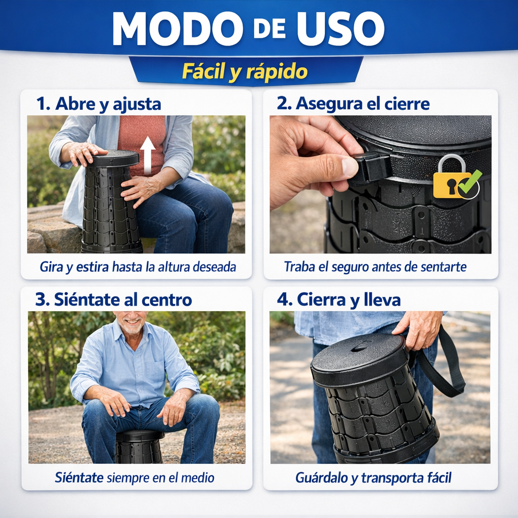 Taburete Telescópico Portátil – Altura Ajustable – Descansa Seguro Donde Vayas