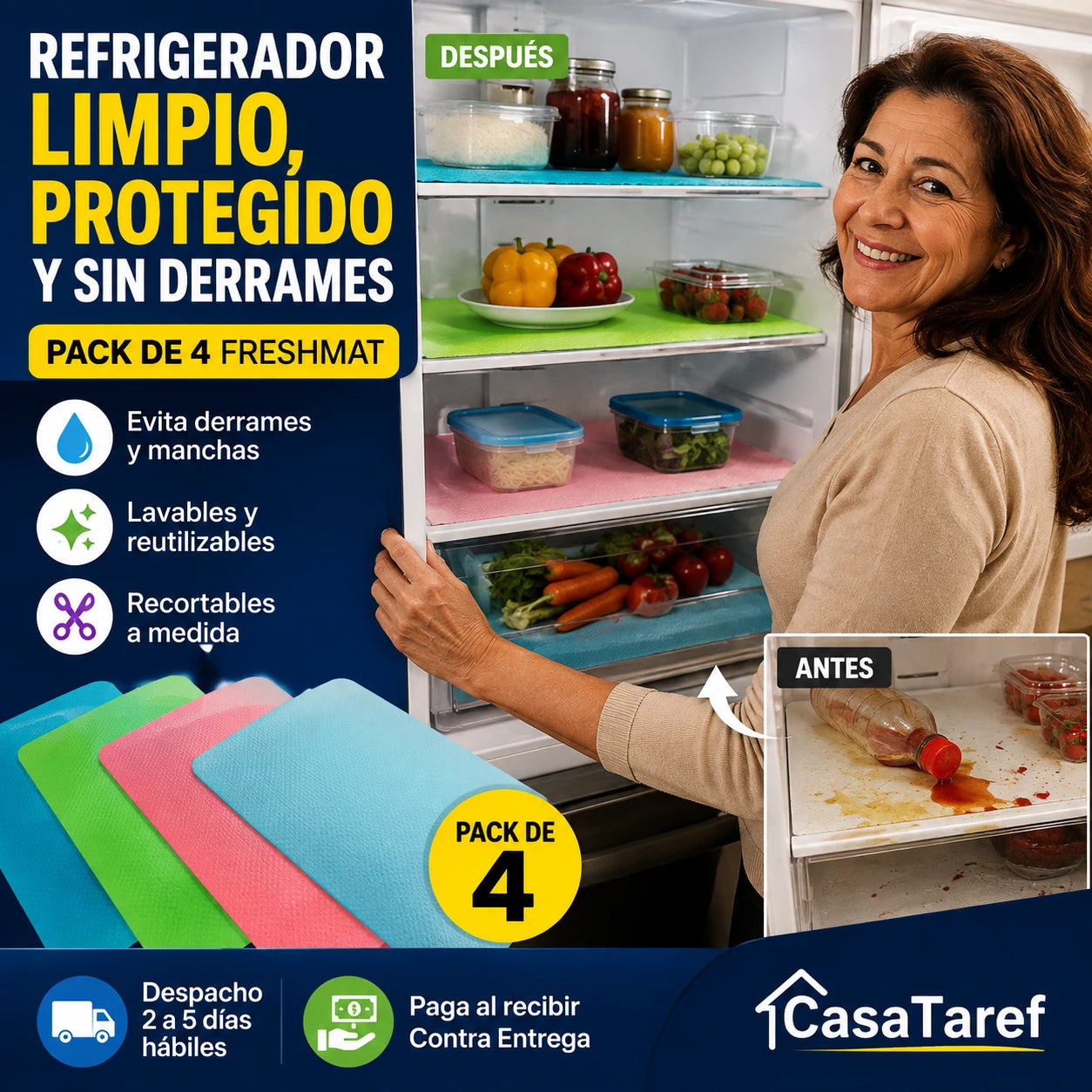 FreshMat Pack x4 - Refrigerador Limpio, Protegido y Sin Derrames