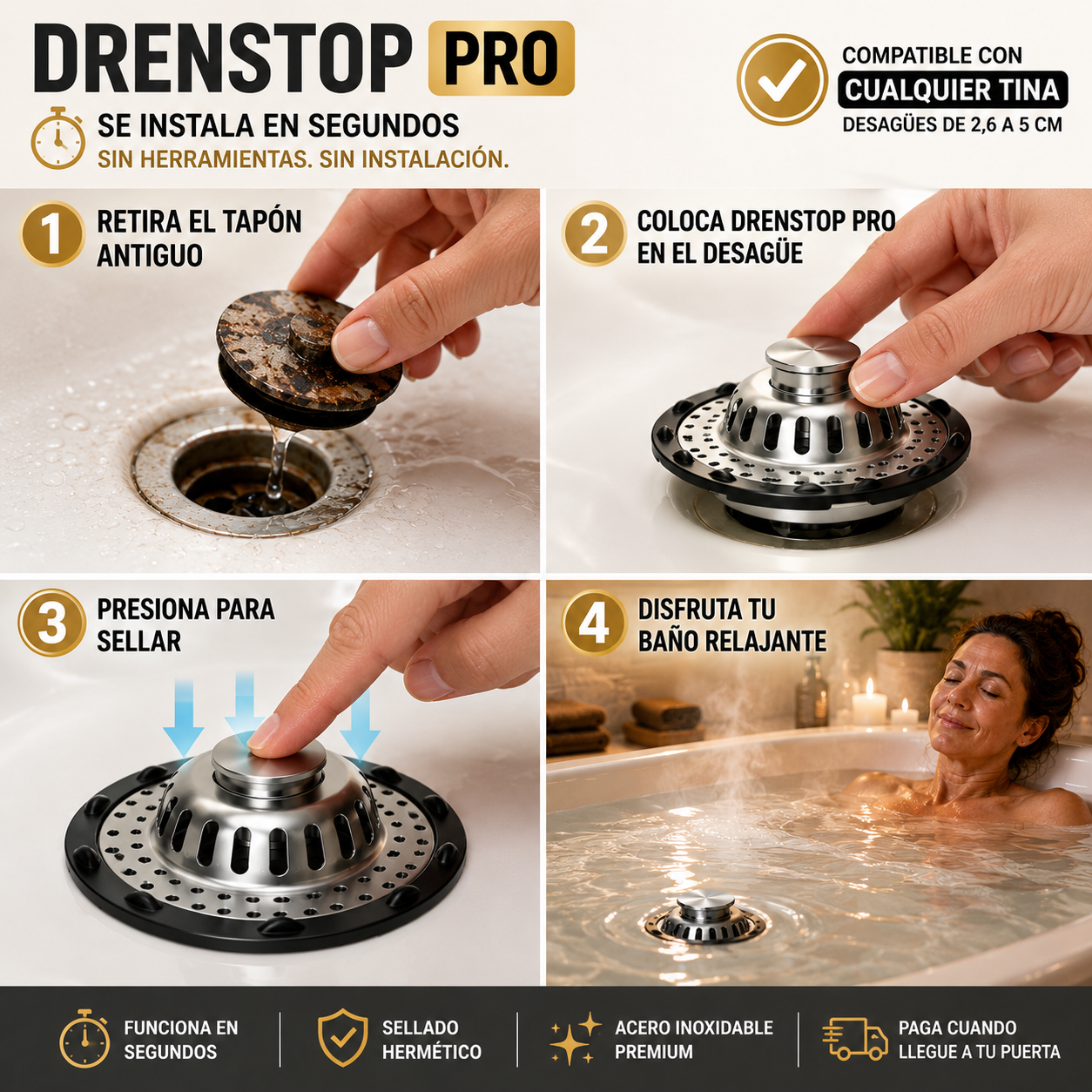 DrenStop Pro - Sella tu tina al instante sin herramientas